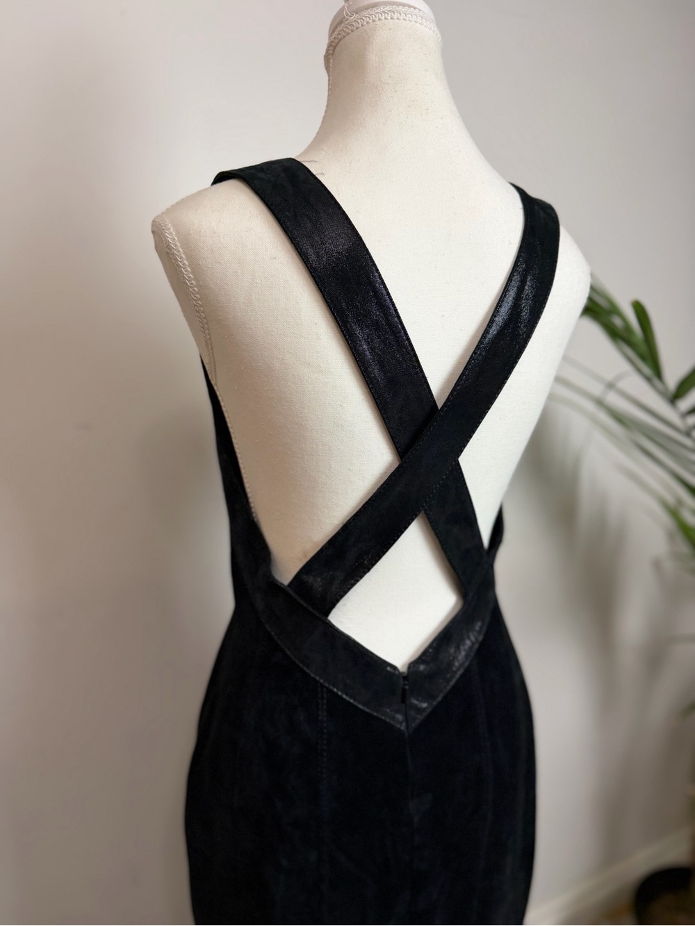 Danier Black Genuine Suede Leather Plunge Cross Back Midi Dress - Picture 7 of 15